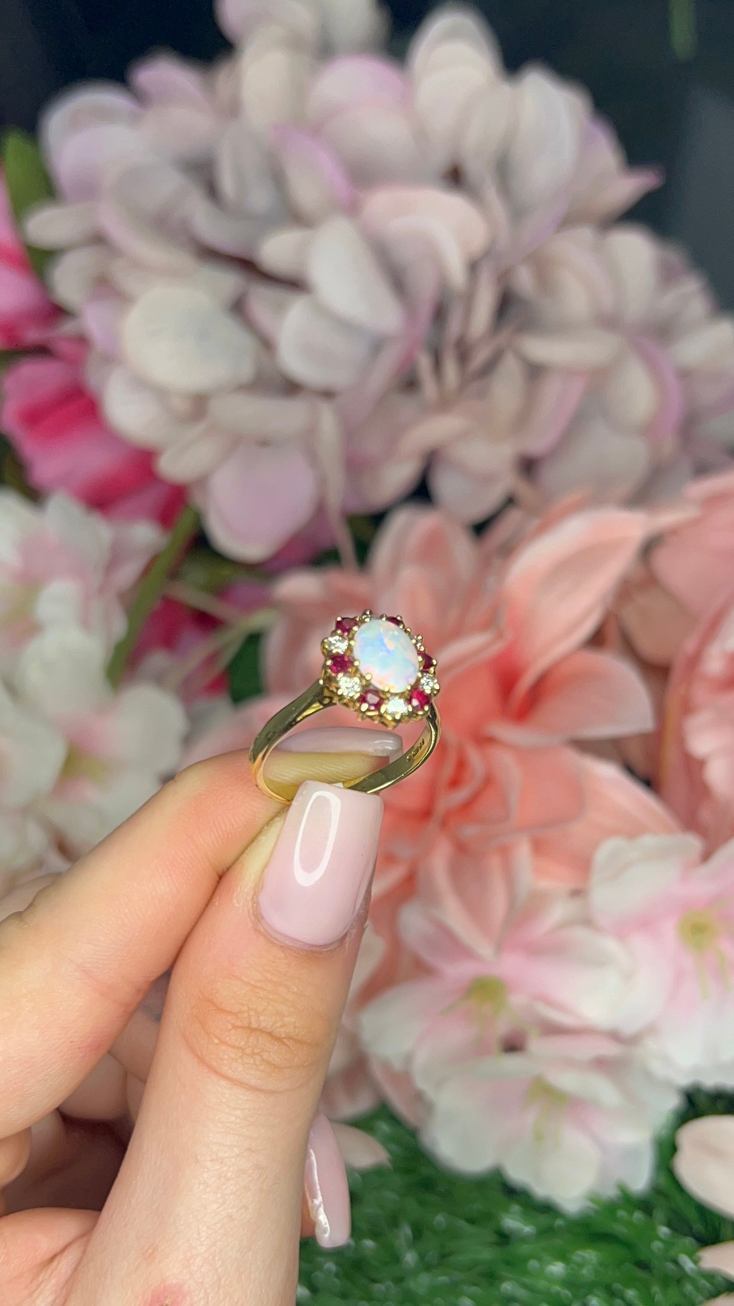18 Carat Yellow Gold Opal, Ruby and Diamond Cluster Ring