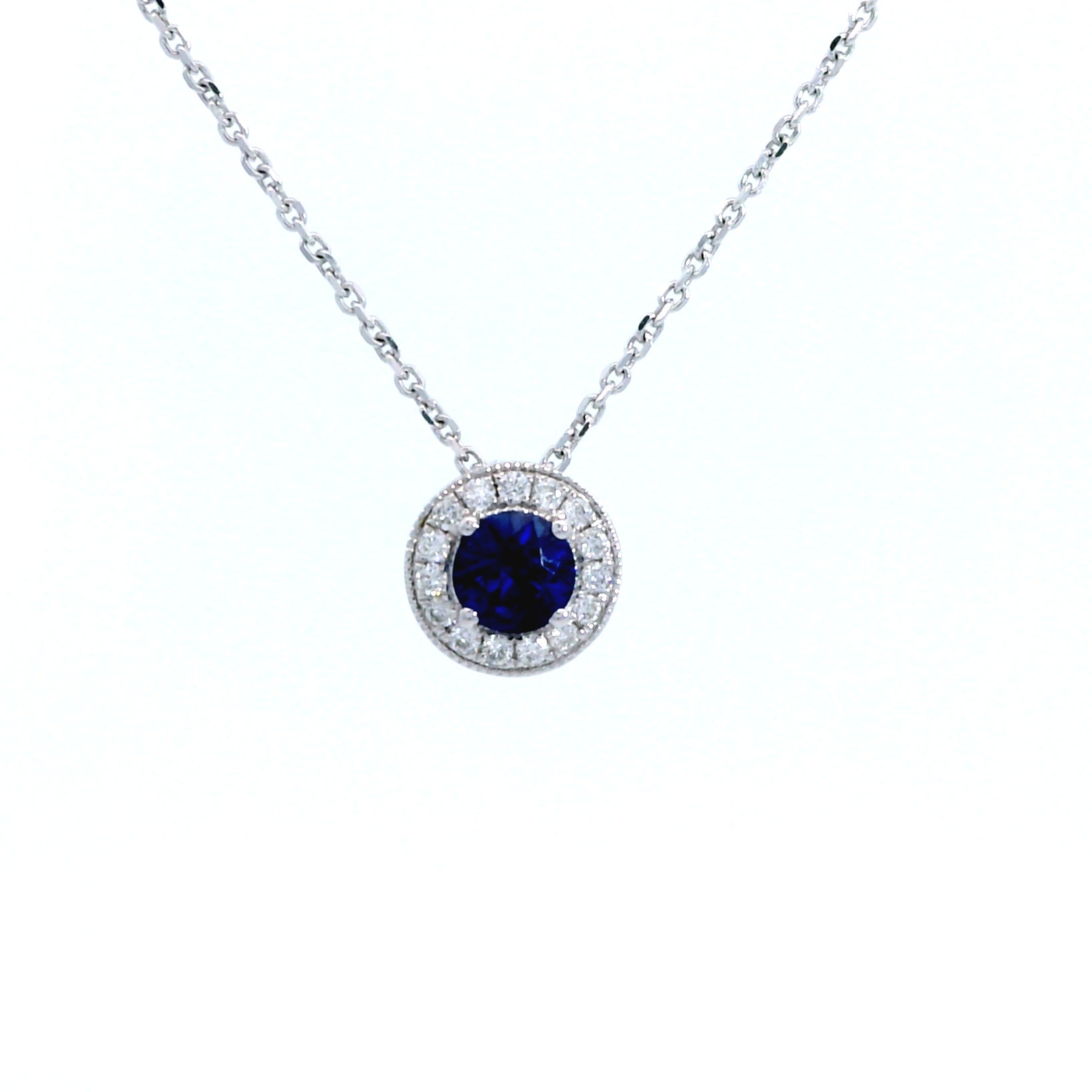 18 Carat White Gold Sapphire and Diamond Halo Pendant on Chain