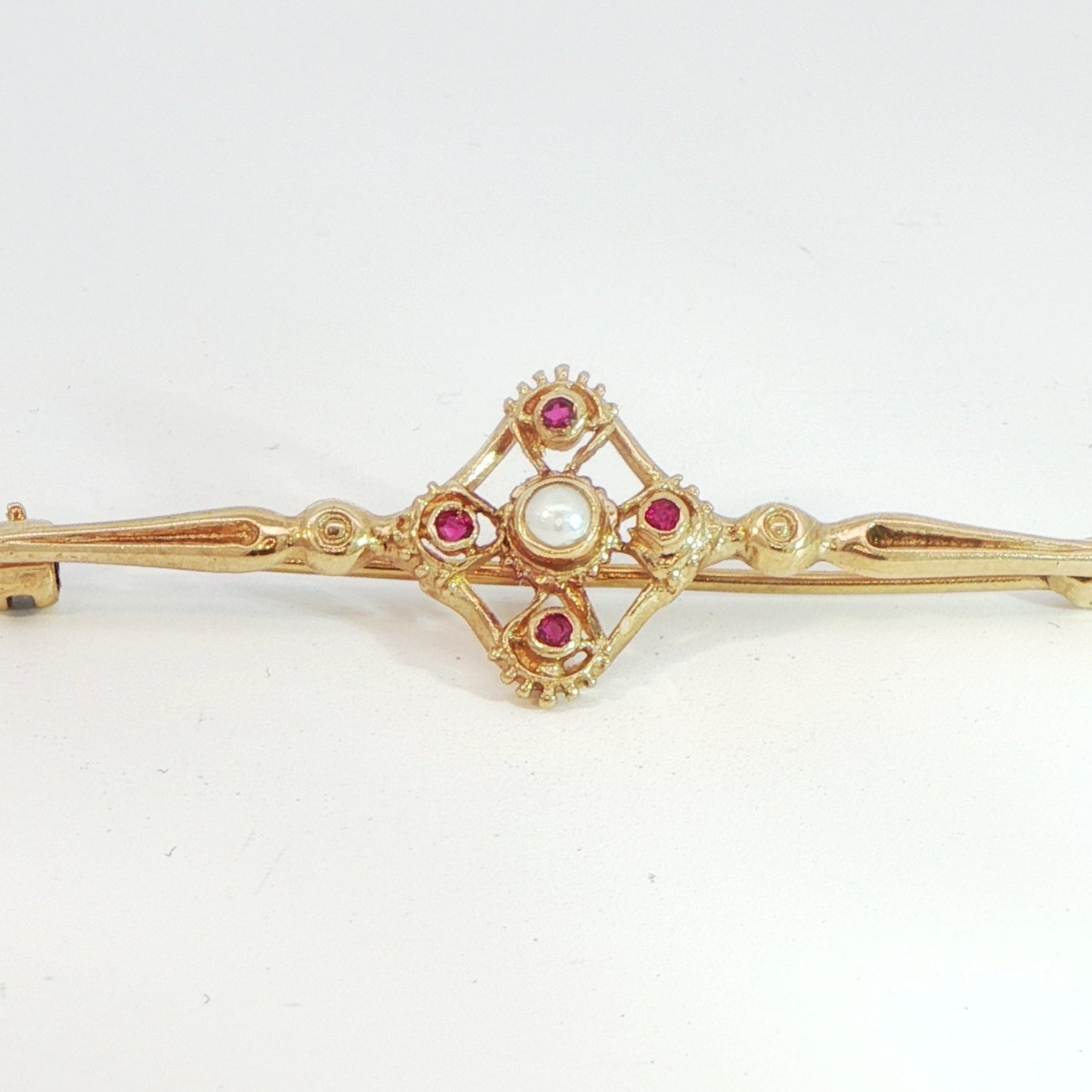 9 Carat Yellow Gold Pearl and Ruby Bar Brooch