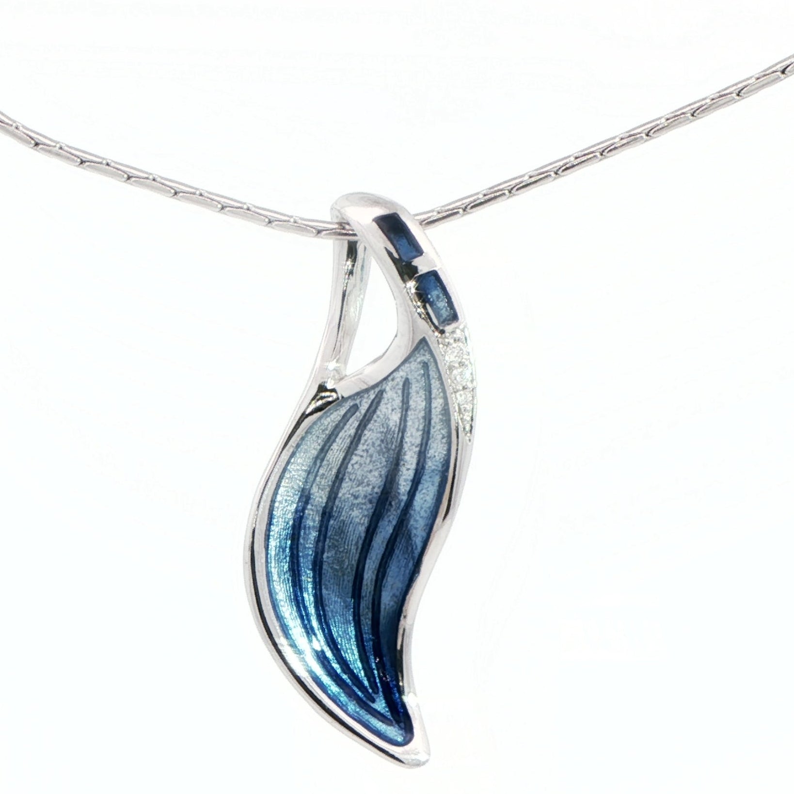 Silver Enamel and Diamond Abstract Leaf Pendant on Chain