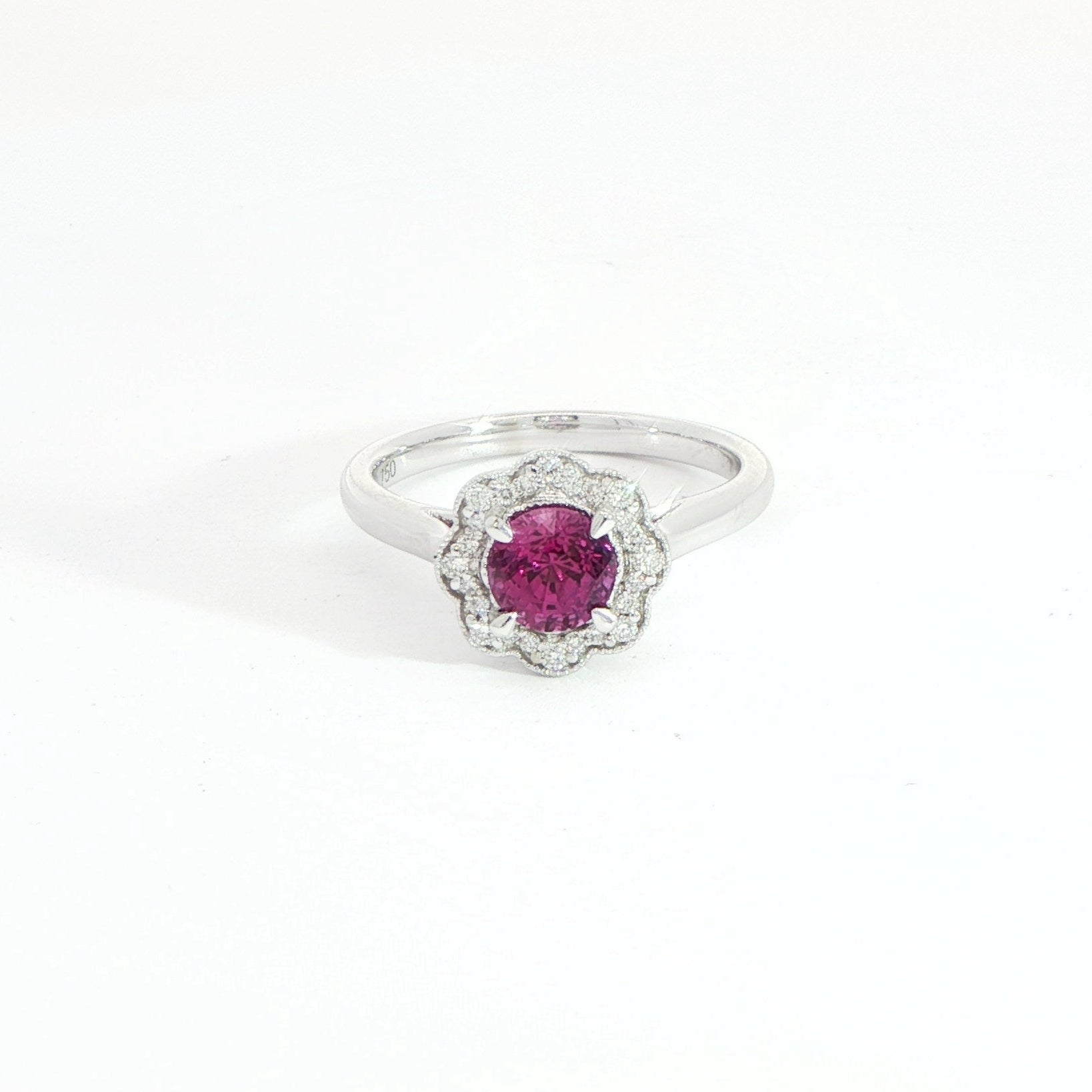 18 Carat White Gold Pink Sapphire and Diamond Halo Ring