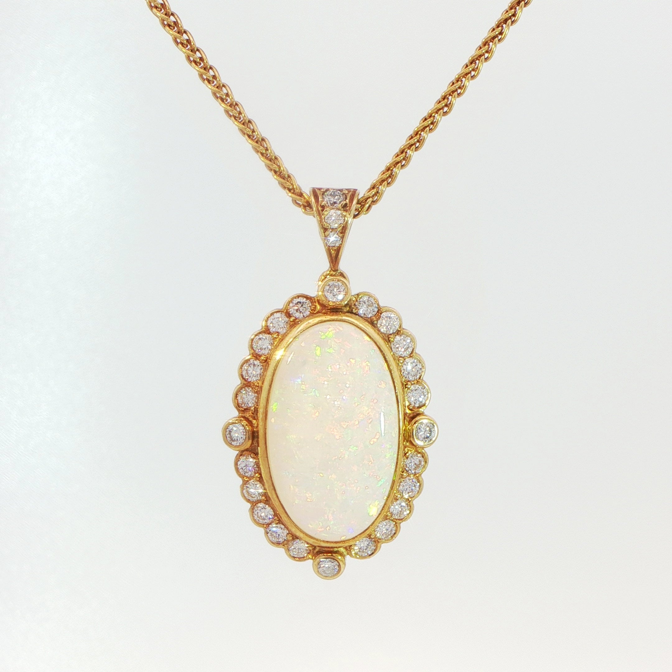 18 Carat Yellow Gold Opal and Diamond Pendant on Chain