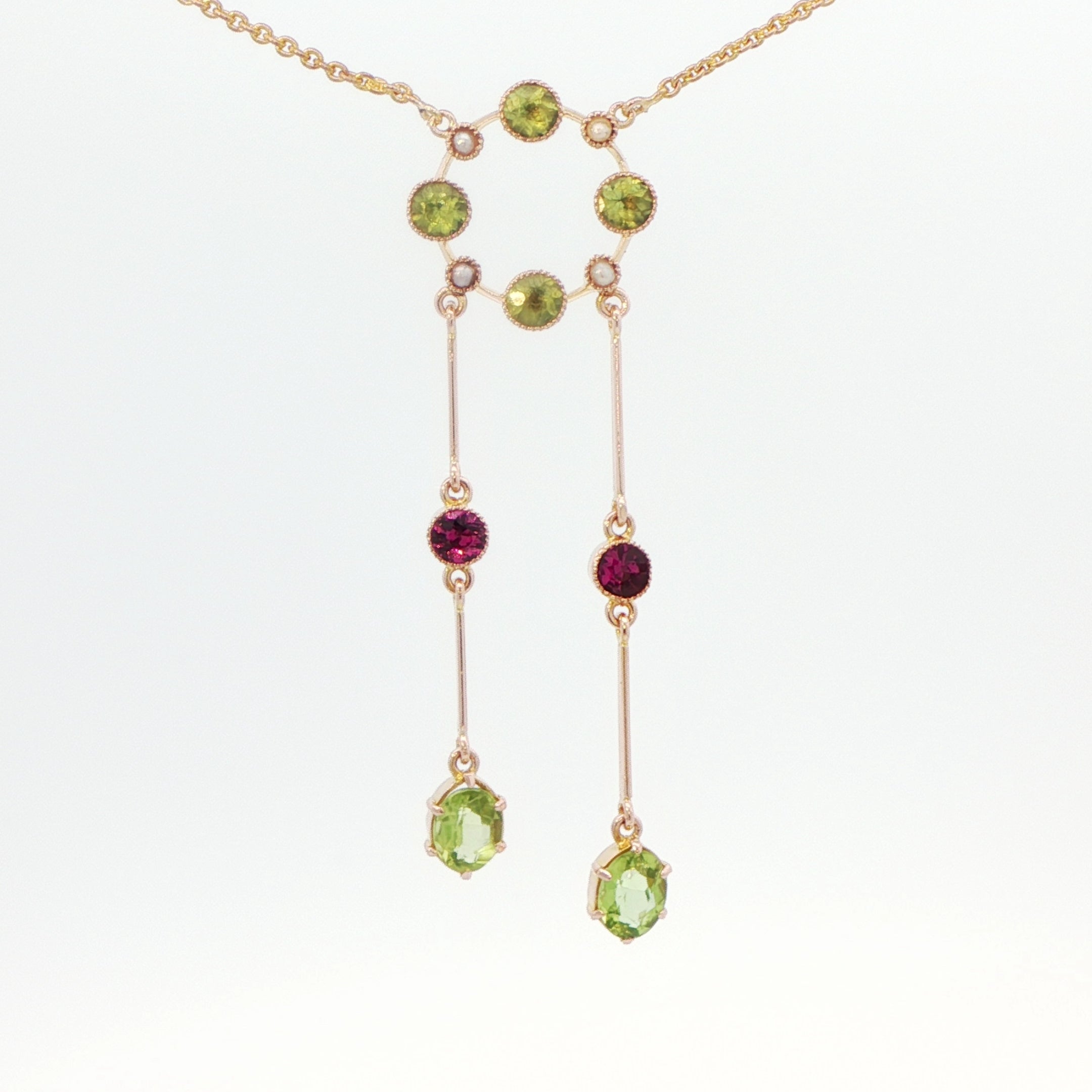 9 Carat Yellow Gold Peridot, Amethyst and Pearl 'Suffragette' Necklace