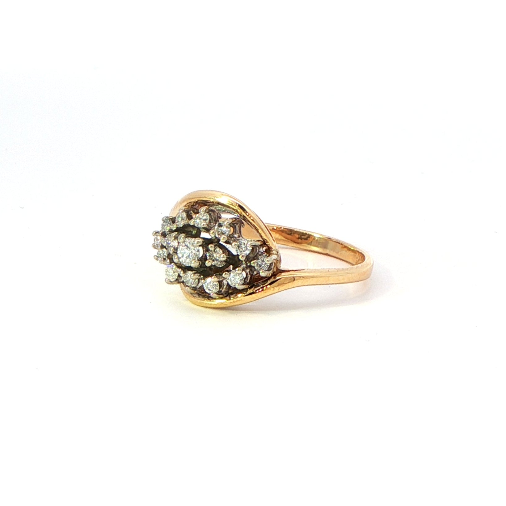 14 Carat Yellow Gold Diamond Cluster Crossover Ring