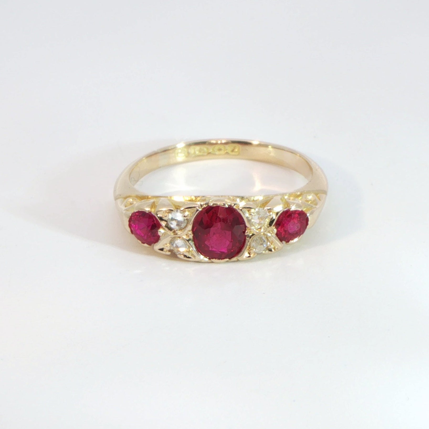 18 Carat Yellow Gold Ruby and Diamond Carved Half Hoop Ring