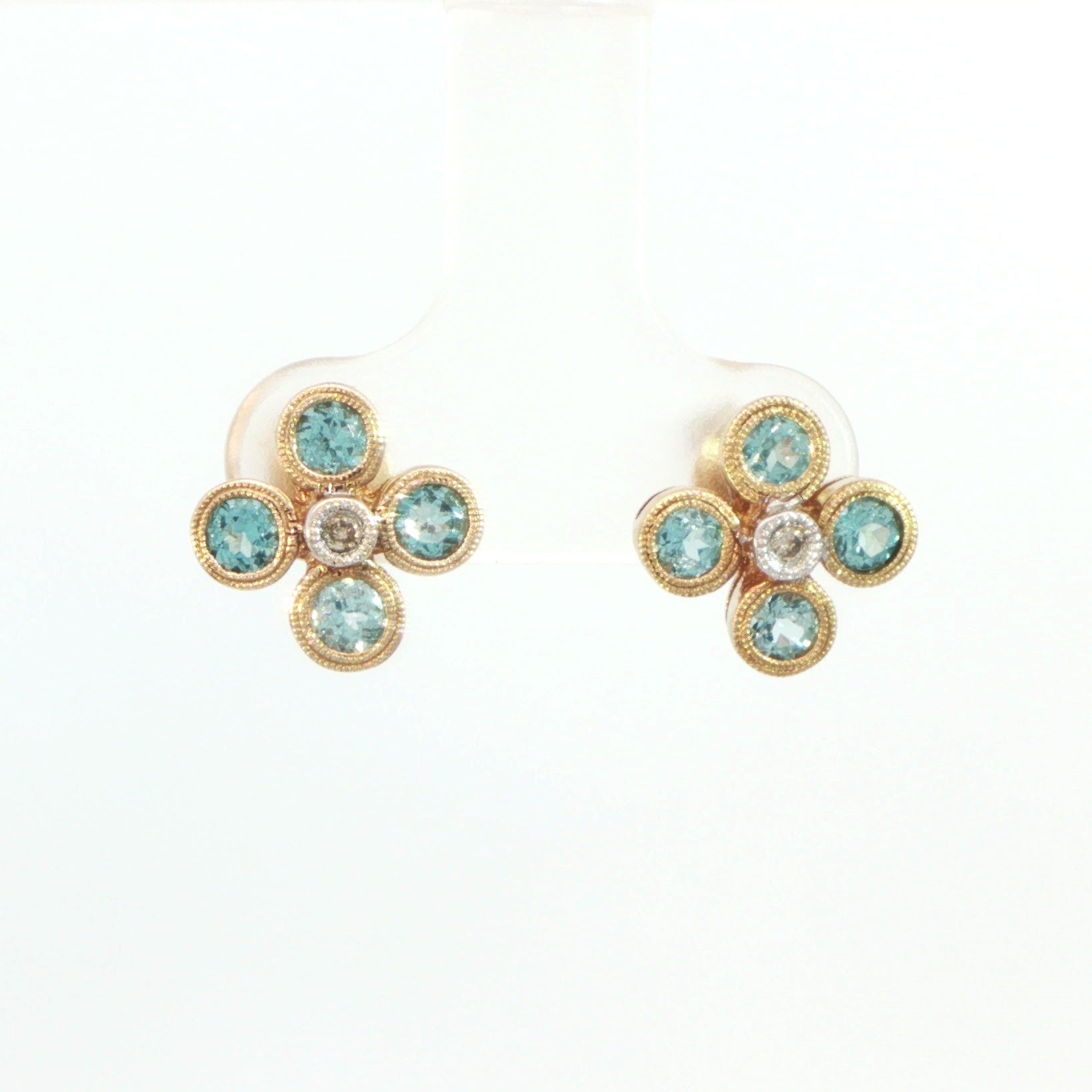 9 Carat Yellow Gold Blue Zircon and Diamond Earrings