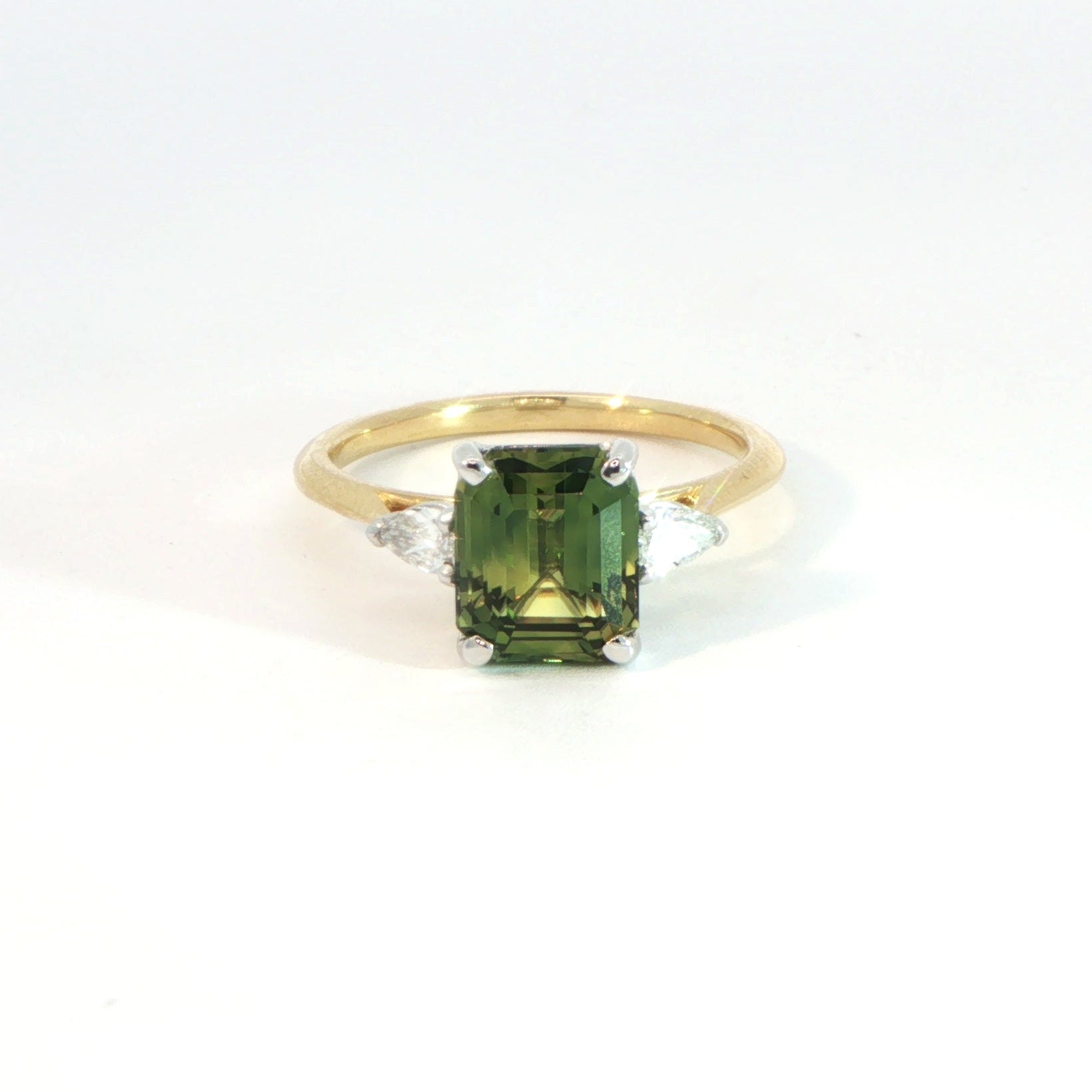 18 Carat Yellow Gold Green Sapphire and Diamond Trilogy Ring