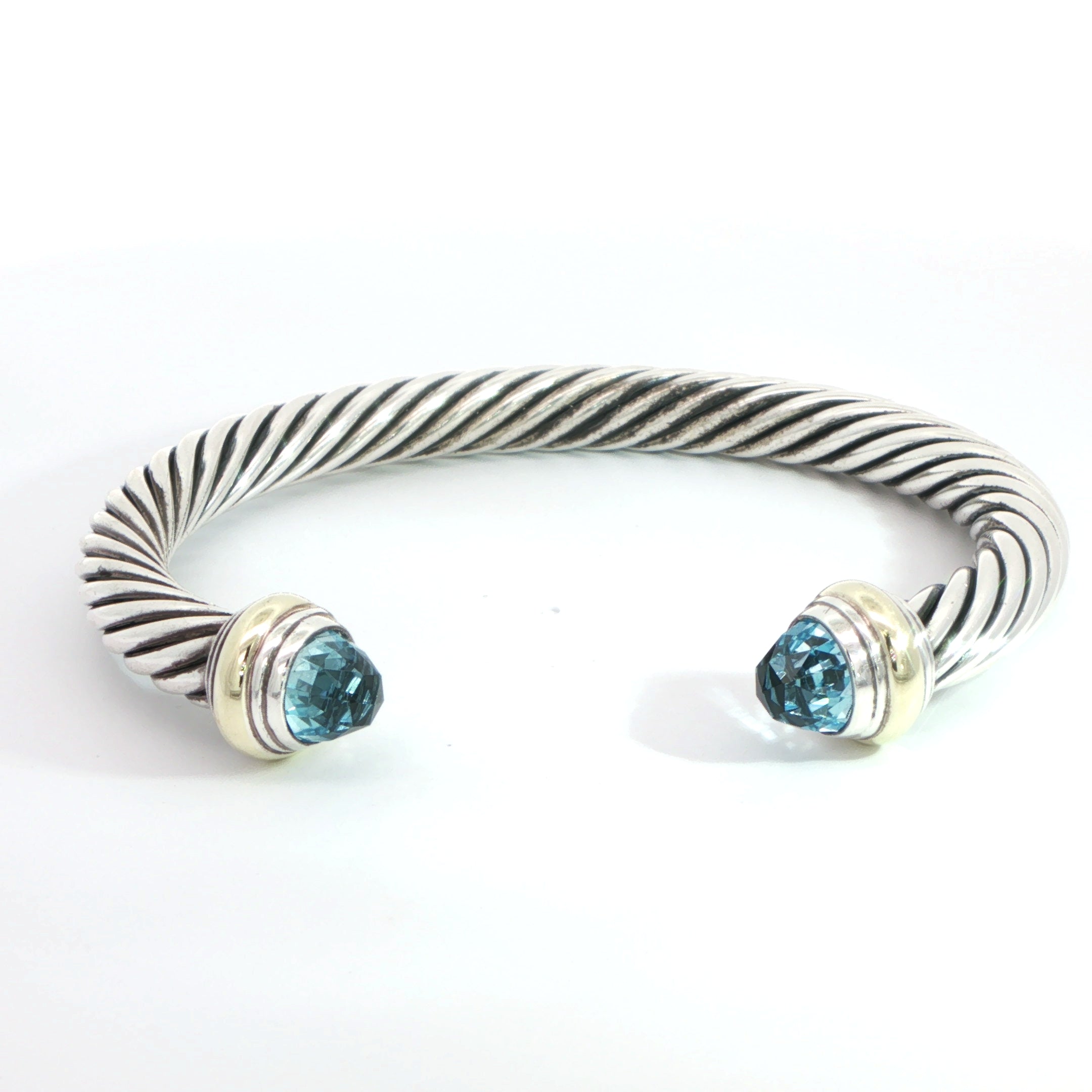 David Yurman Silver and 14 Carat Yellow Gold Blue Topaz Bangle
