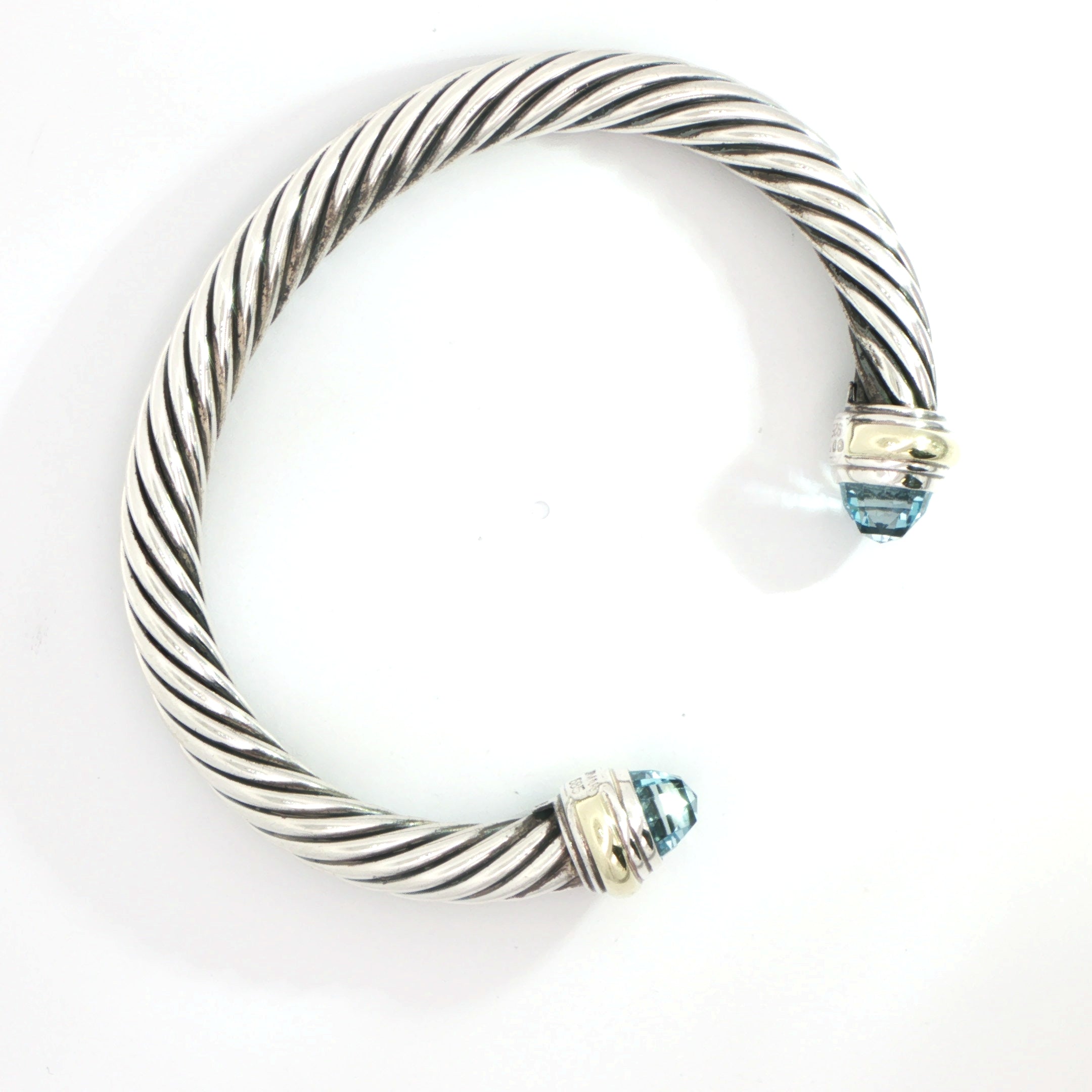 David Yurman Silver and 14 Carat Yellow Gold Blue Topaz Bangle