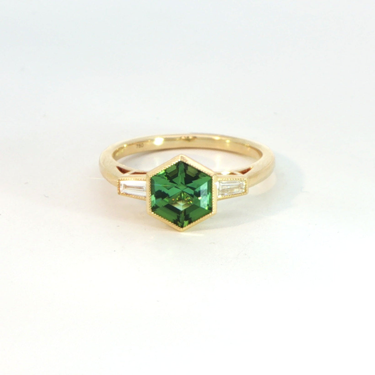 18 Carat Yellow Gold Hexagonal Tourmaline and Diamond Ring