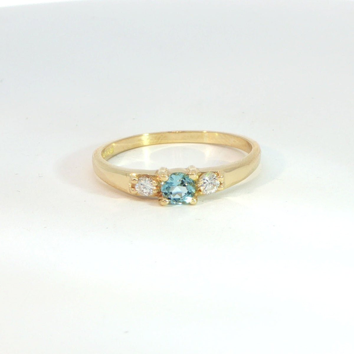 18 Carat Yellow Gold Aquamarine and Diamond Trilogy Ring