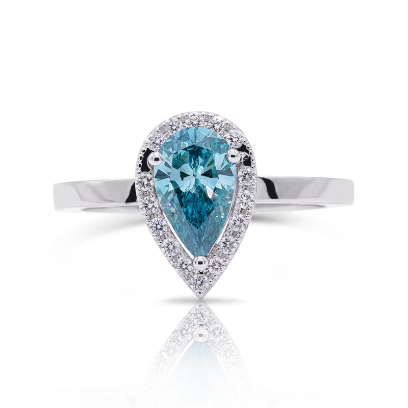 18 Carat White Gold Pear-shaped Blue & White Diamond Halo Ring