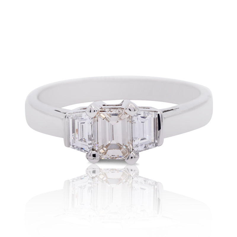 Platinum Emerald Cut & Trapezoid Diamond Trilogy Ring