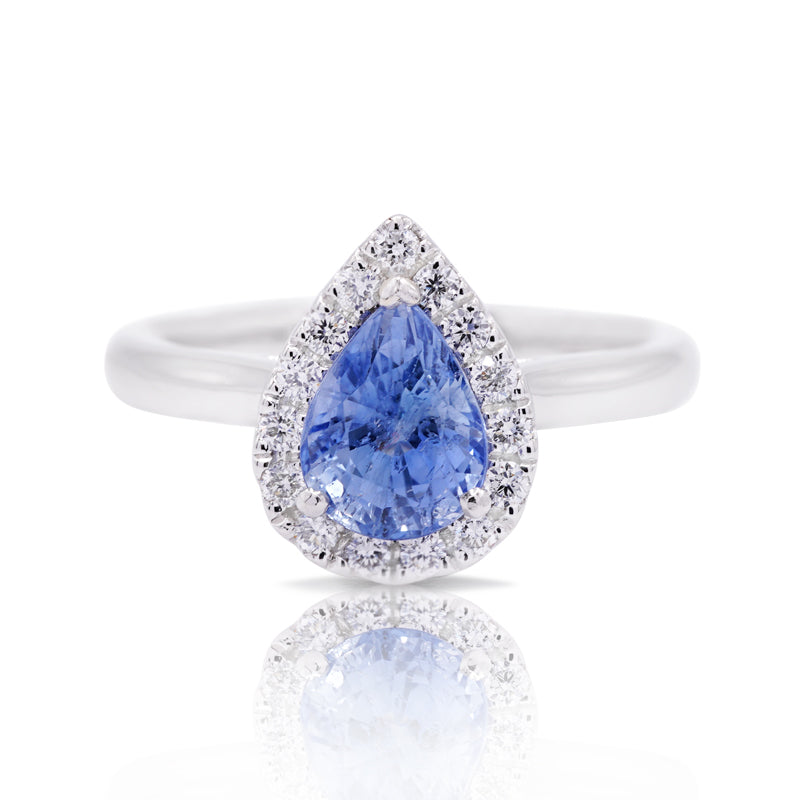 Platinum Pear-shaped 1.60ct Sapphire & Diamond Halo Ring