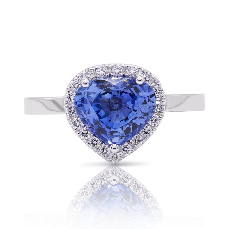 Platinum Heart Shaped Ceylon Sapphire & Diamond Halo Ring