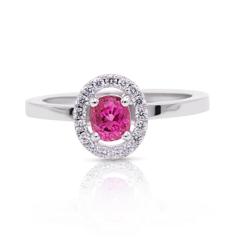 Platinum Oval Pink Sapphire & Diamond Halo Ring