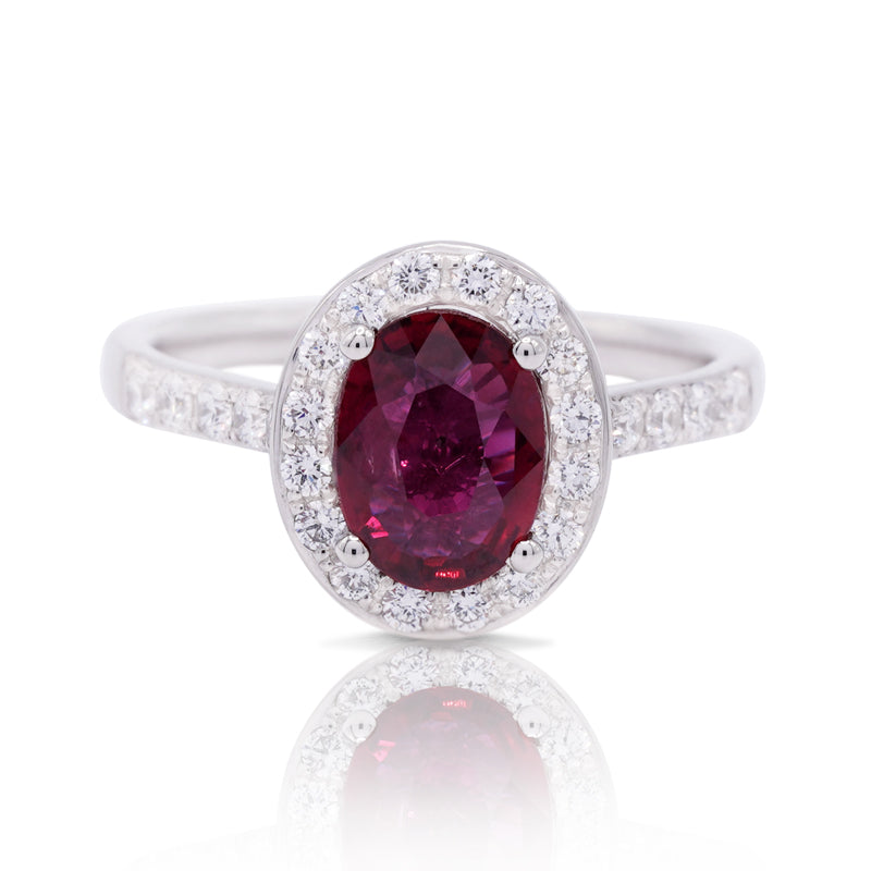 Platinum Ruby and Diamond Halo Ring