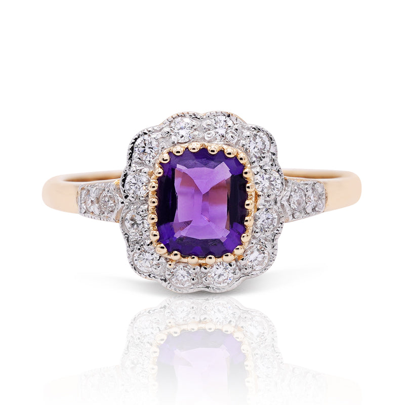 9 Carat Yellow Gold Amethyst & Diamond Cluster Ring