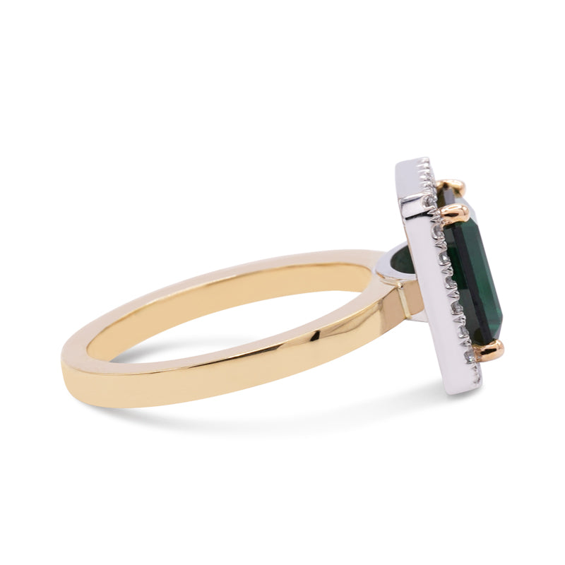 18 Carat Yellow & White Gold Tourmaline & Diamond Halo Ring