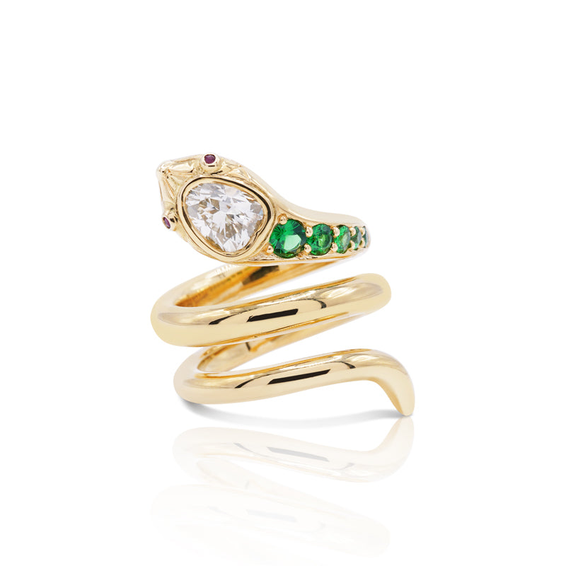 18 Carat Yellow Gold Diamond, Tsavorite & Ruby Snake Ring