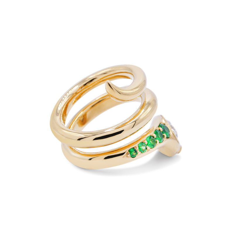 18 Carat Yellow Gold Diamond, Tsavorite & Ruby Snake Ring