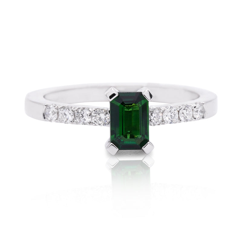 Platinum Emerald Cut Tourmaline & Diamond Ring
