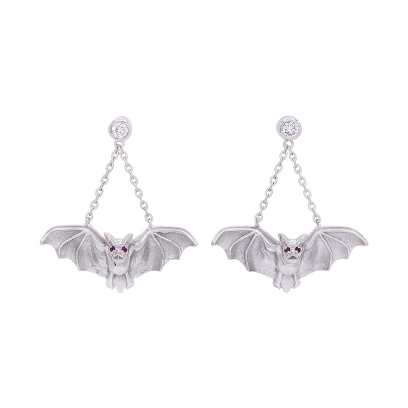 18 Carat White Gold 'Bat' Ruby & Diamond Drop Earrings