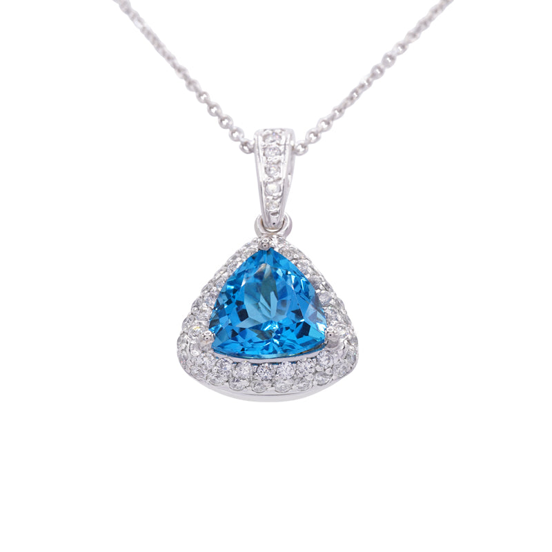 18 Carat White Gold Blue Zircon and Diamond Pendant on Chain