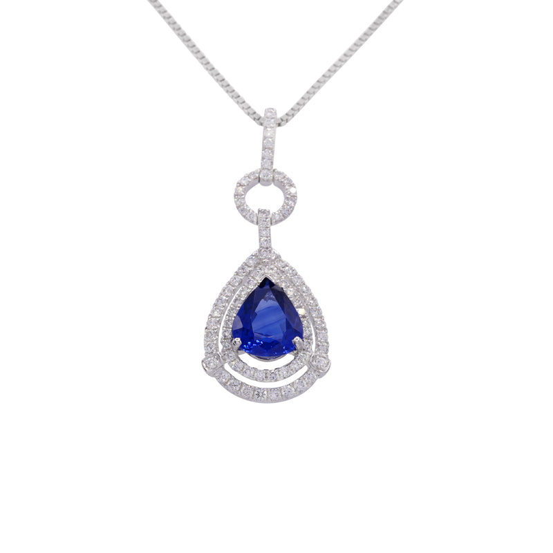 18 Carat White Gold Pear-shaped Sapphire 1.38ct & Diamond Halo Pendant on Chain