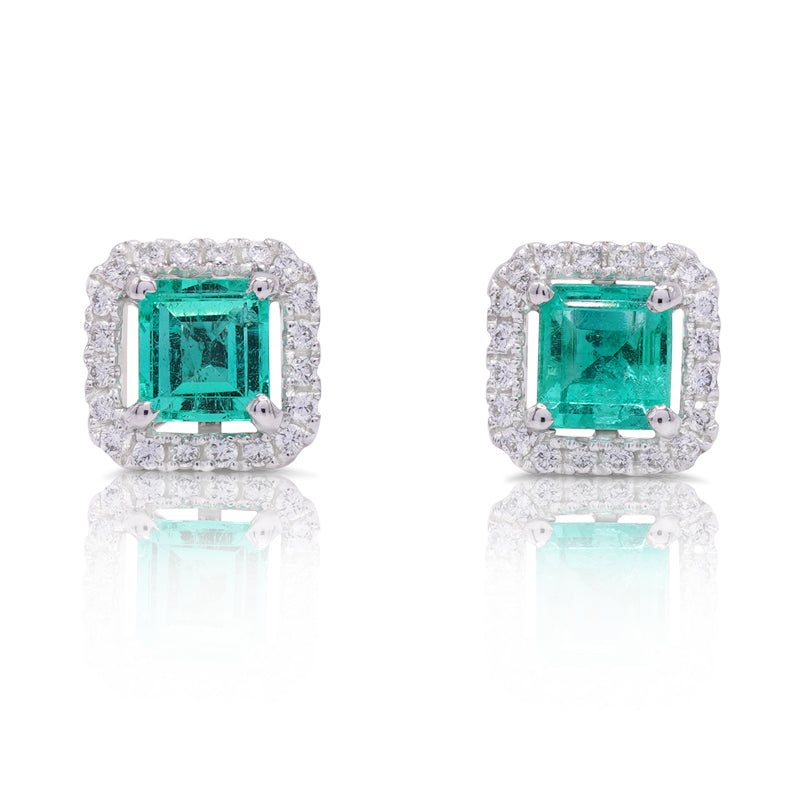 18 Carat White Gold Emerald & Diamond Halo Earrings