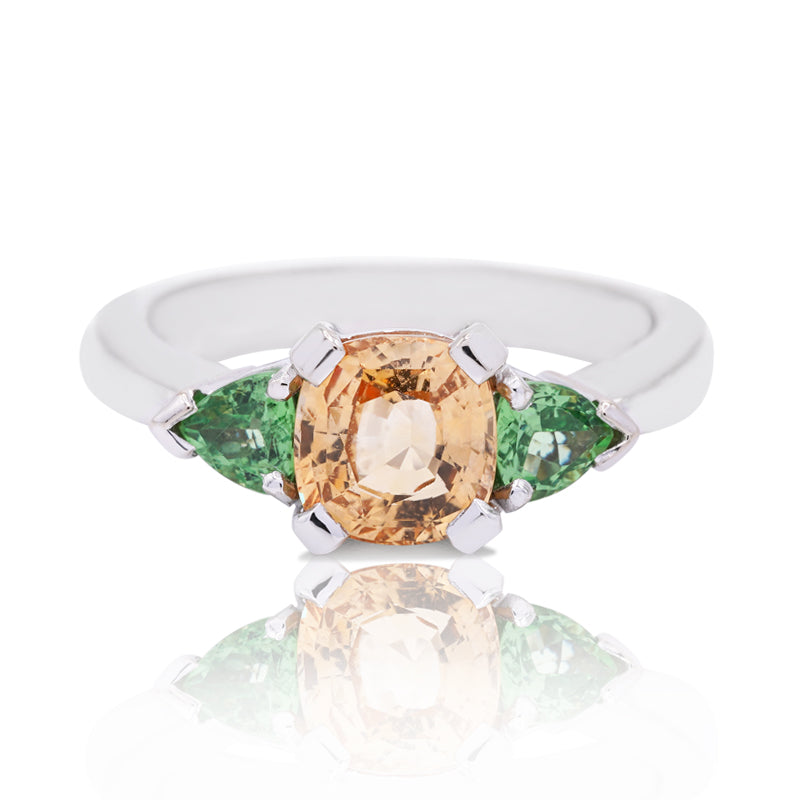 18 Carat White Gold Orange Sapphire & Tsavorite Ring