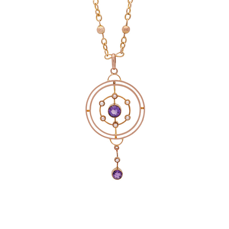 9 Carat Yellow Gold Art Nouveau Amethyst & Pearl Pendant on Chain