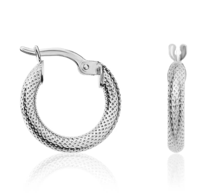 9ct White Gold Textured Small Hoops