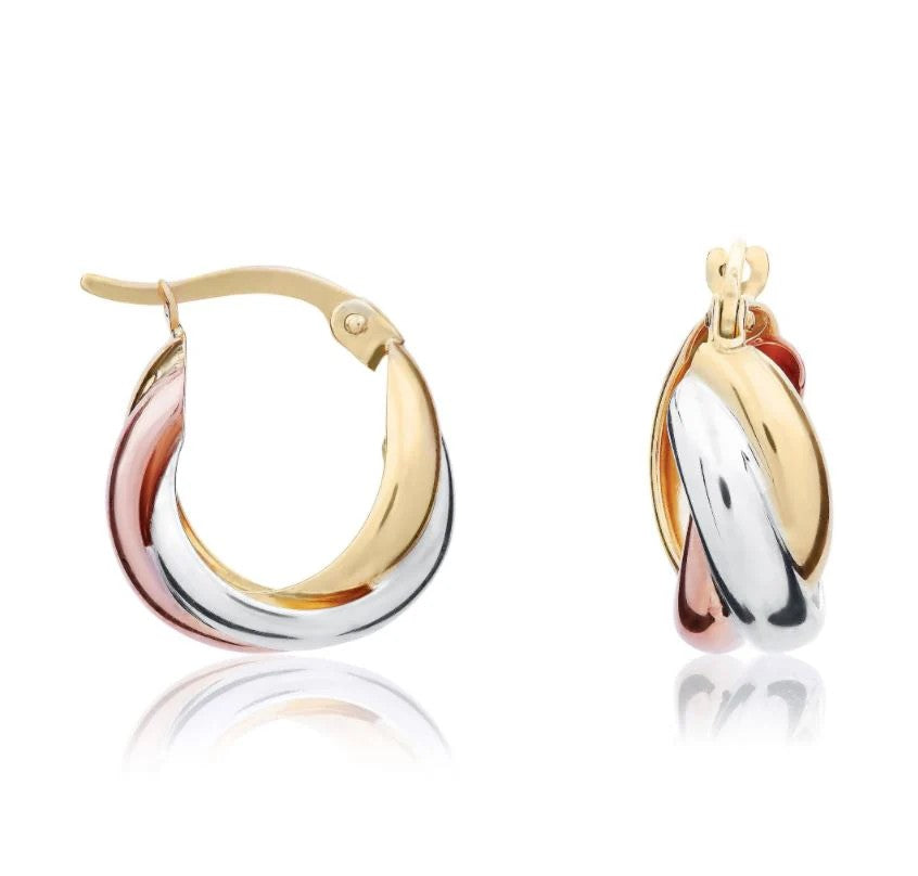 9ct Gold Three Colour Russian Hoop Earrings