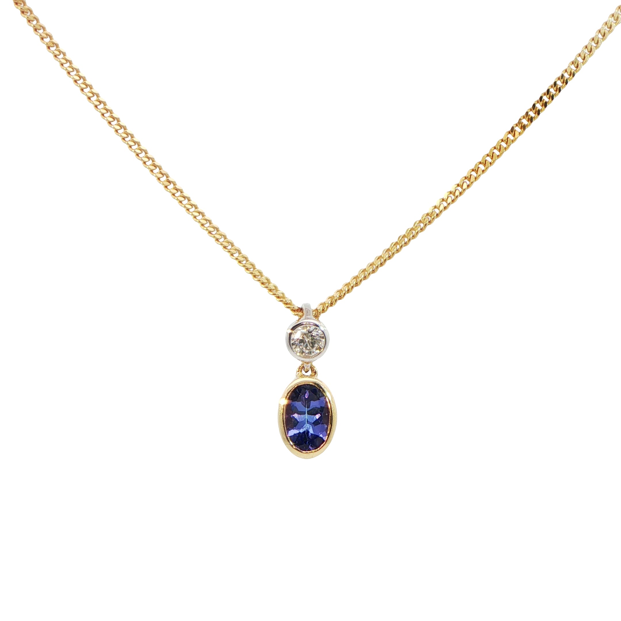 18 Carat Yellow and White Gold Tanzanite and Diamond Pendant on Chain