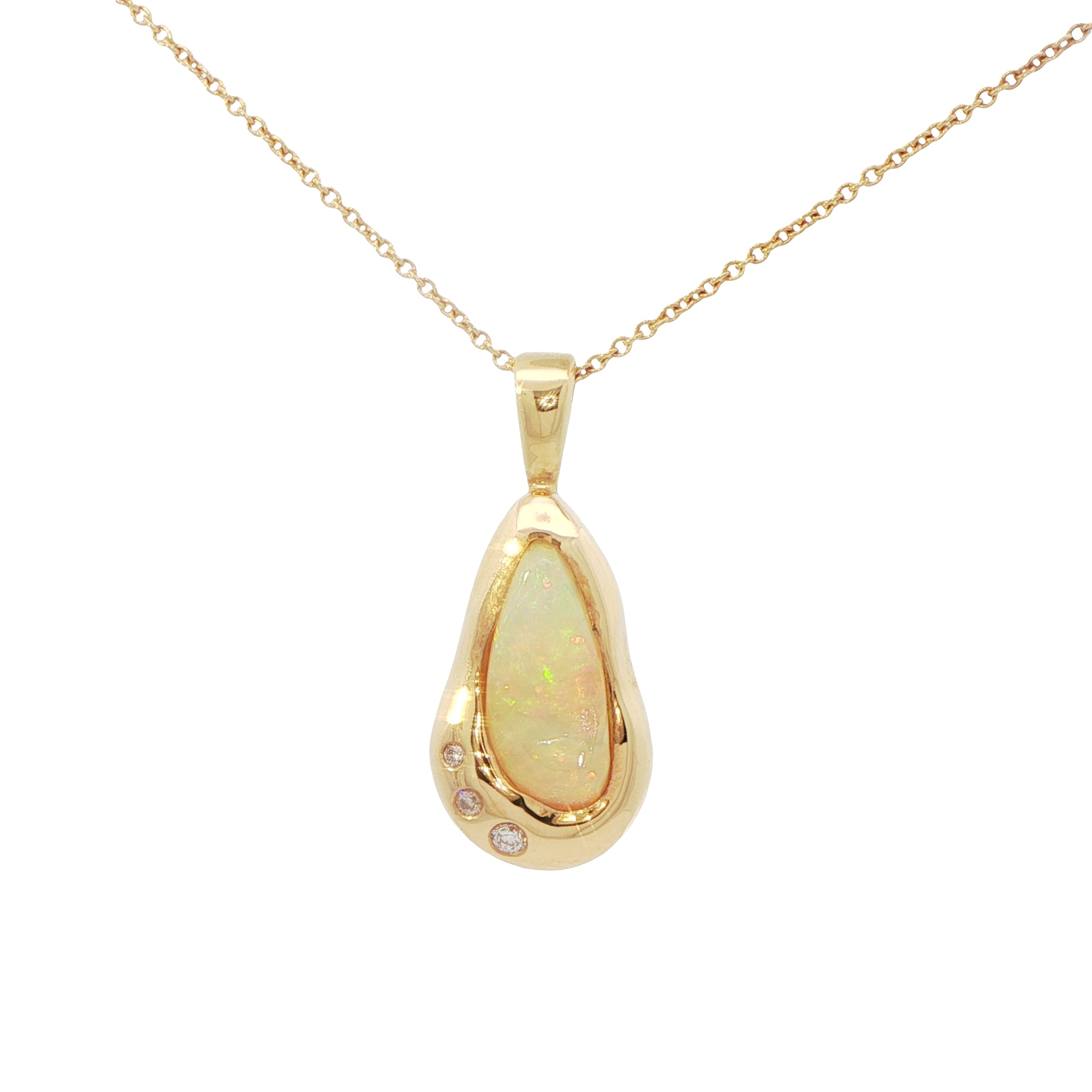 18 Carat Yellow Gold Opal and Diamond Nugget Pendant on Chain