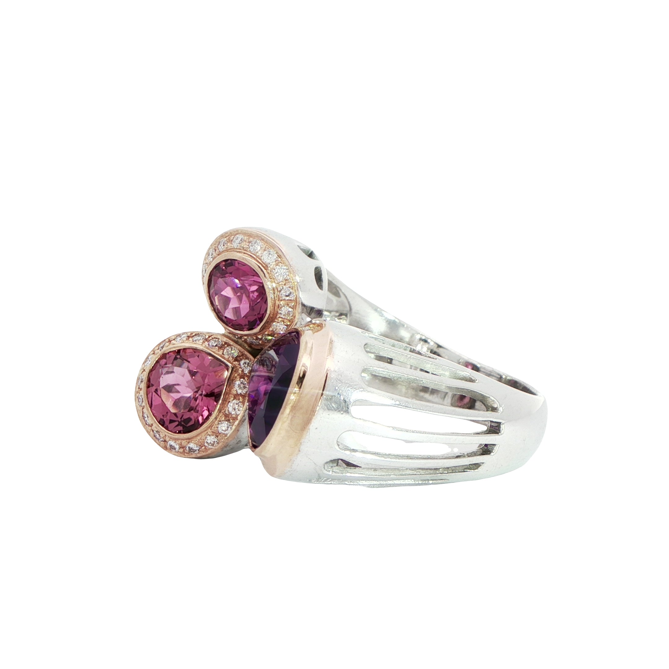 14 Carat White and Yellow Gold Tourmaline, Amethyst and Diamond Dress Ring