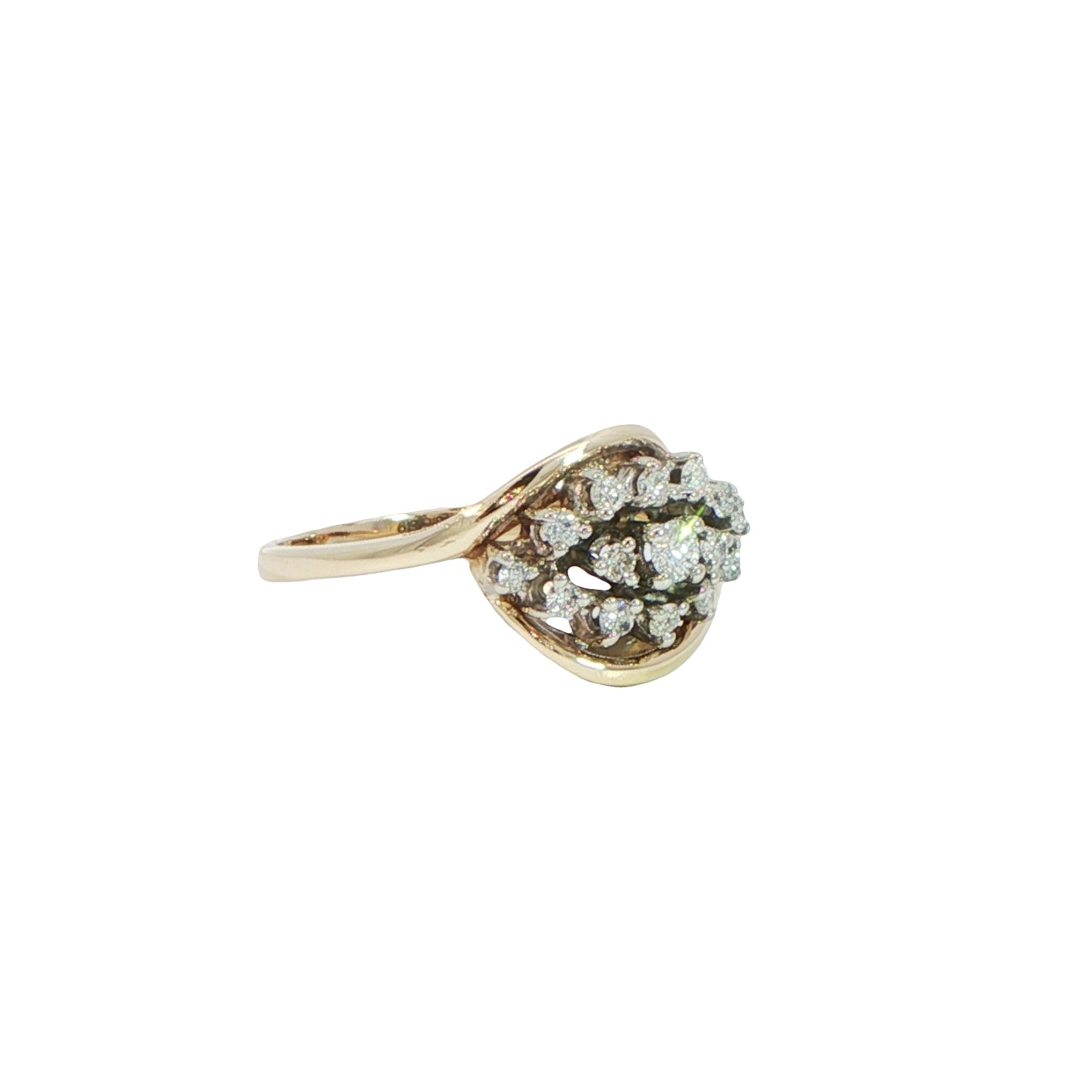 14 Carat Yellow Gold Diamond Cluster Crossover Ring