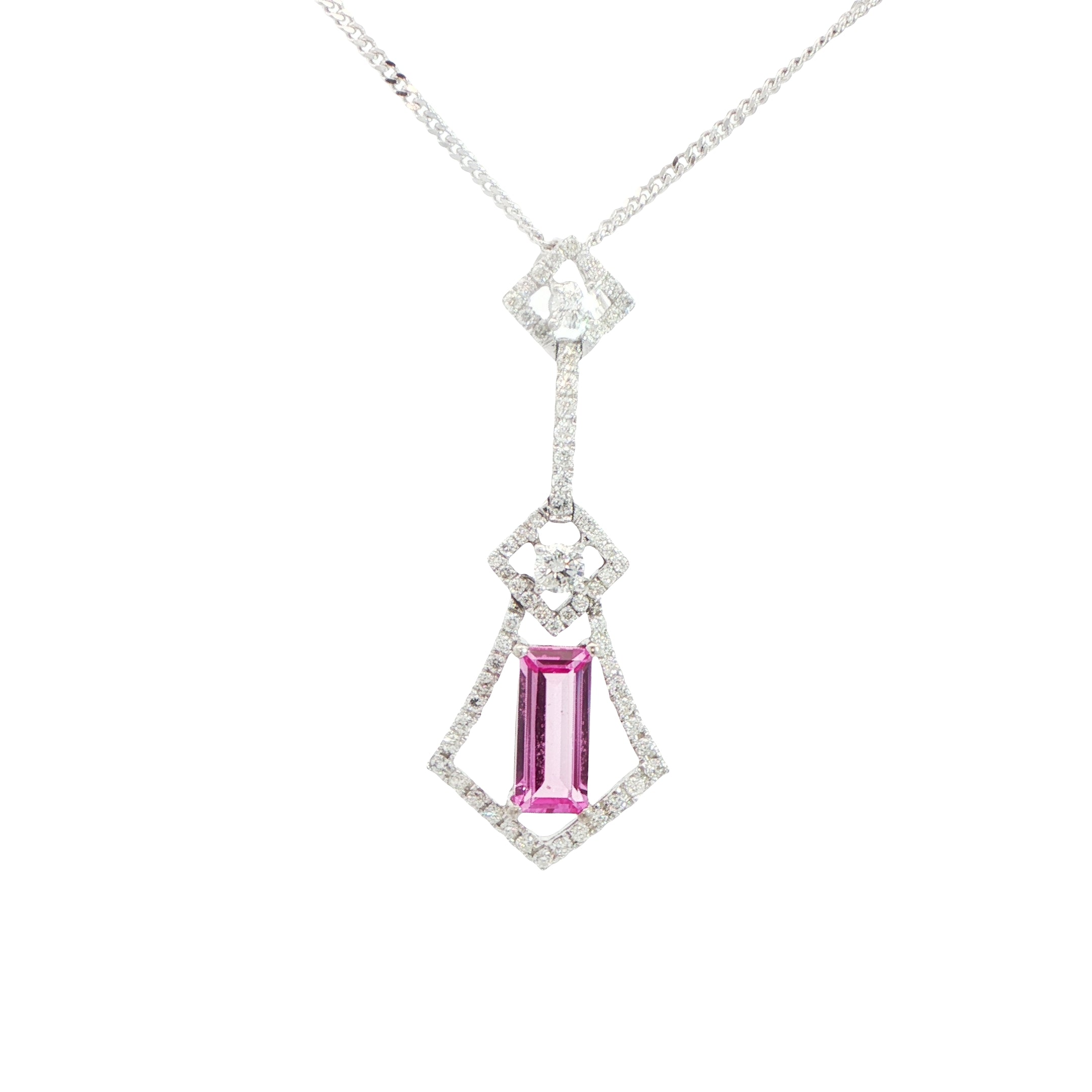 18 Carat White Gold Pink Tourmaline and Diamond Pendant on Chain