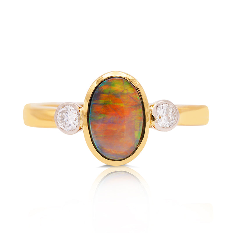 18 Carat Yellow Gold Black Opal and Diamond Ring