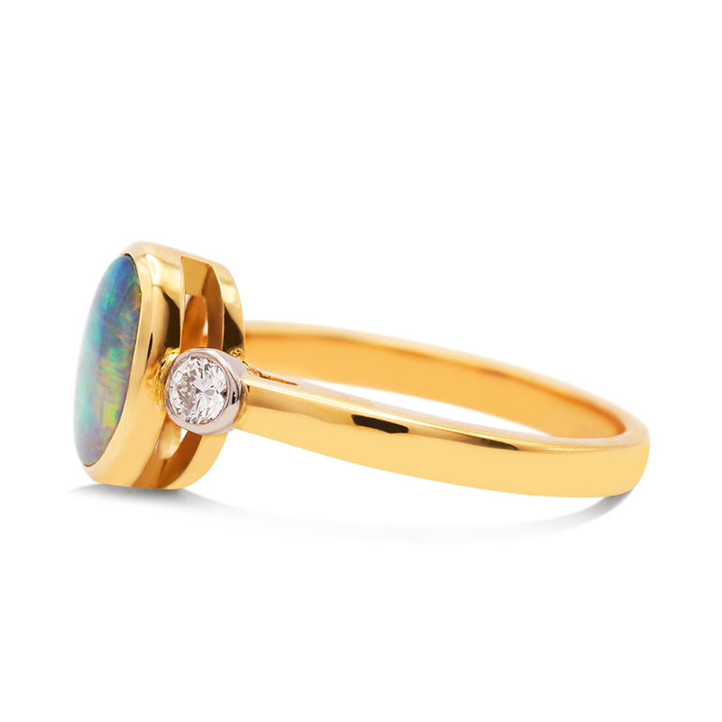 18 Carat Yellow Gold Black Opal and Diamond Ring