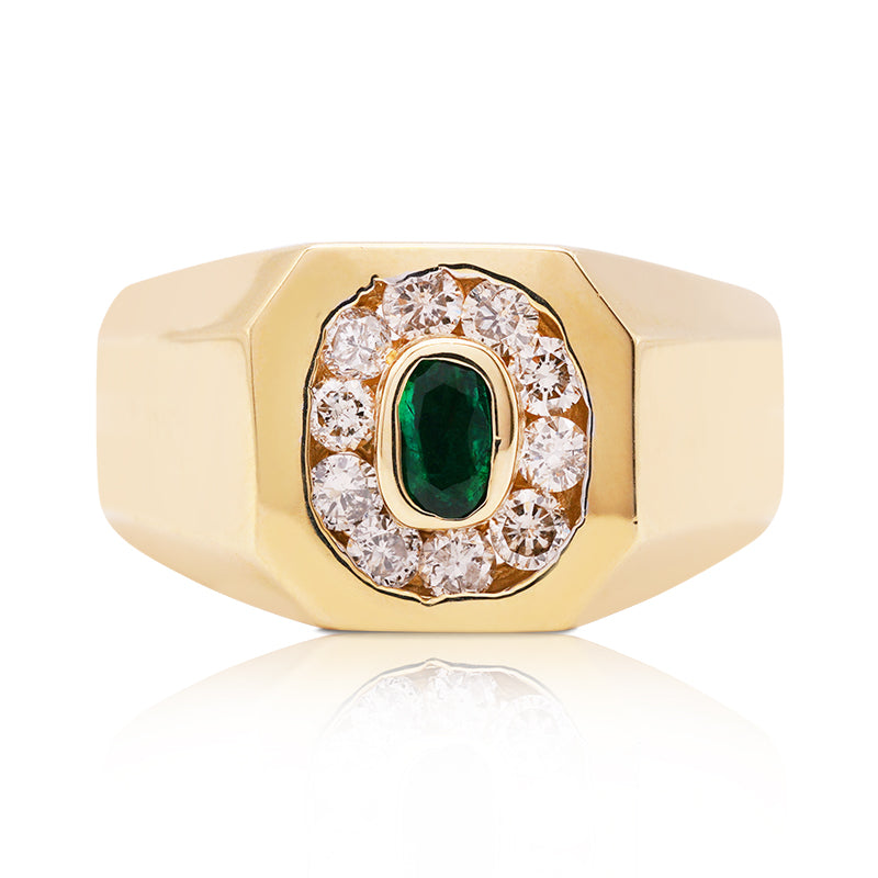 14 Carat Yellow Gold Emerald and Diamond Signet Ring