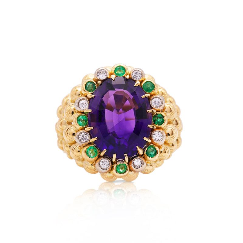 18 Carat Yellow Gold Amethyst, Emerald and Diamond Dress Ring