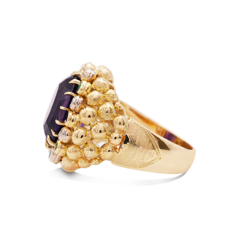 18 Carat Yellow Gold Amethyst, Emerald and Diamond Dress Ring