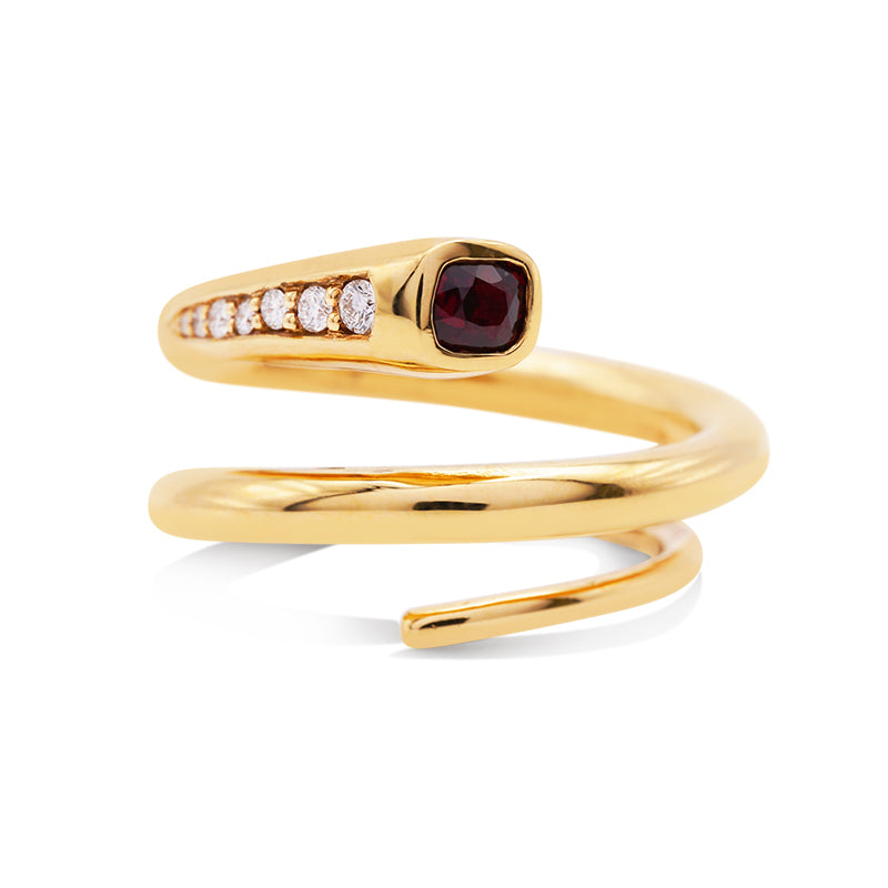 18 Carat Yellow Gold Ruby and Diamond Snake Ring