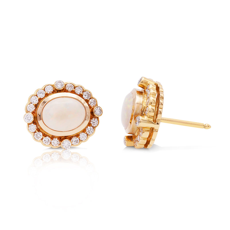 18 Carat Yellow Gold Opal and Diamond Stud Earrings
