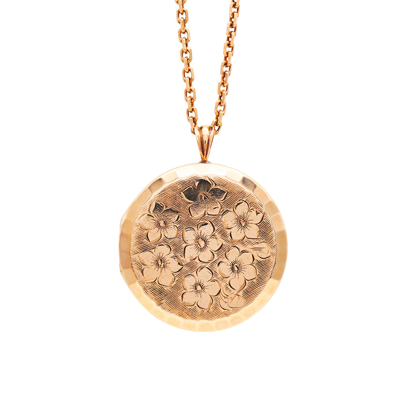 9 Carat Yellow Gold Floral Engraved Round Locket on Diamond Cut Trace Chain