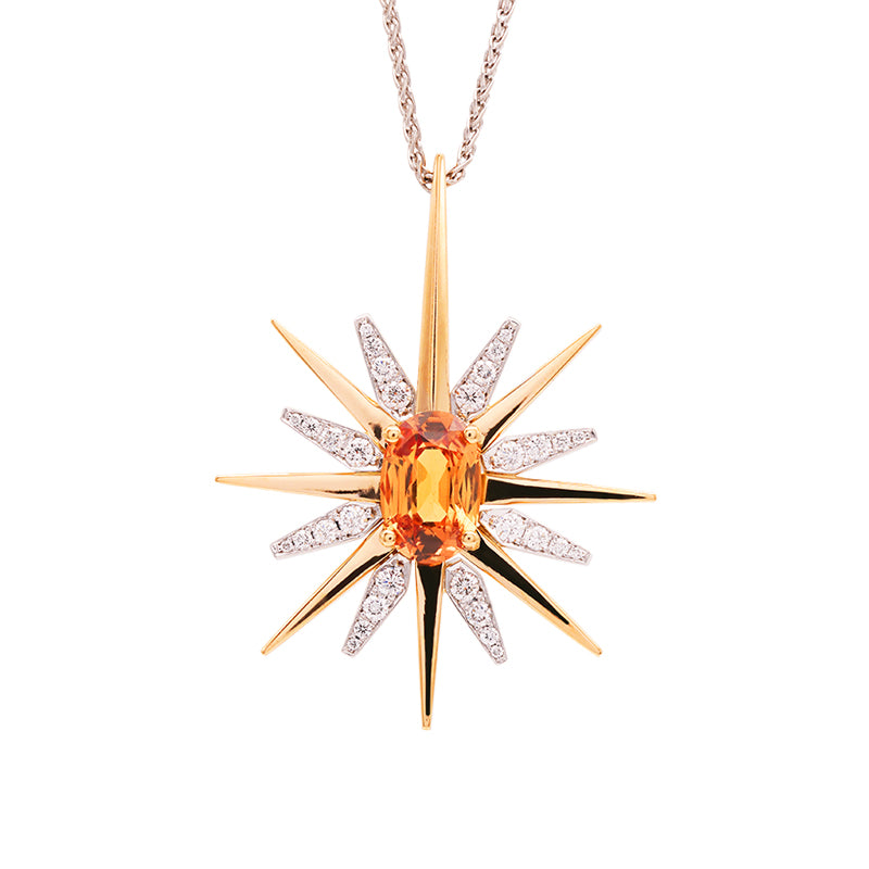 18ct Yellow & White Gold Starburst Pendant with 2.05ct Padparadscha Sapphire and Diamond – Handmade Statement Necklace with Platinum Chain
