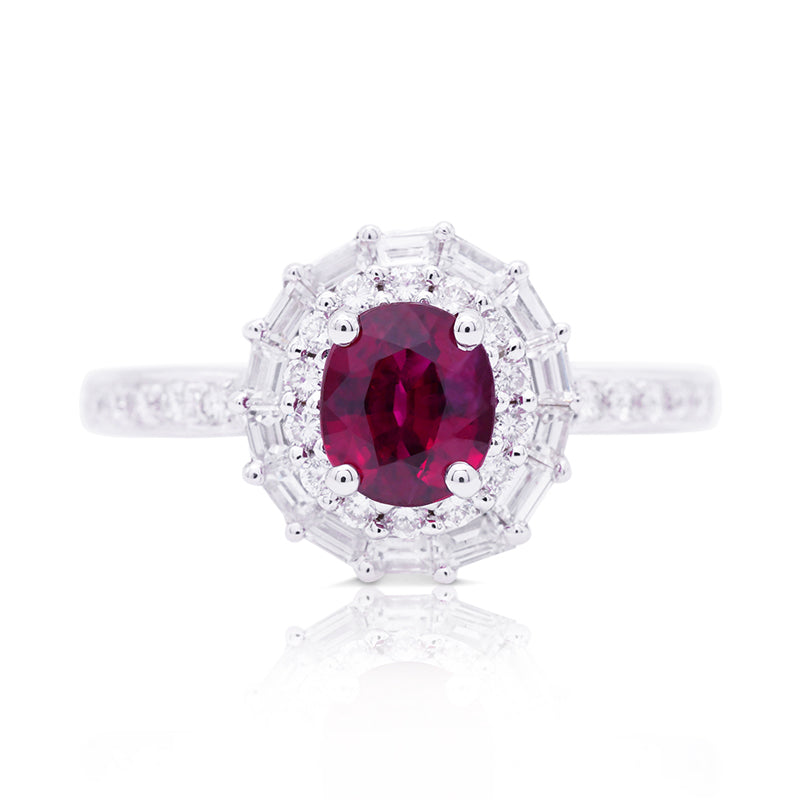18 Carat White Gold Ruby and Diamond Halo Ring