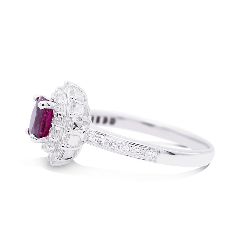 18 Carat White Gold Ruby and Diamond Halo Ring